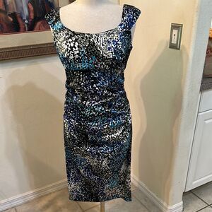 Maggy L Elegant Blue and Black Patterned Dress Size 10